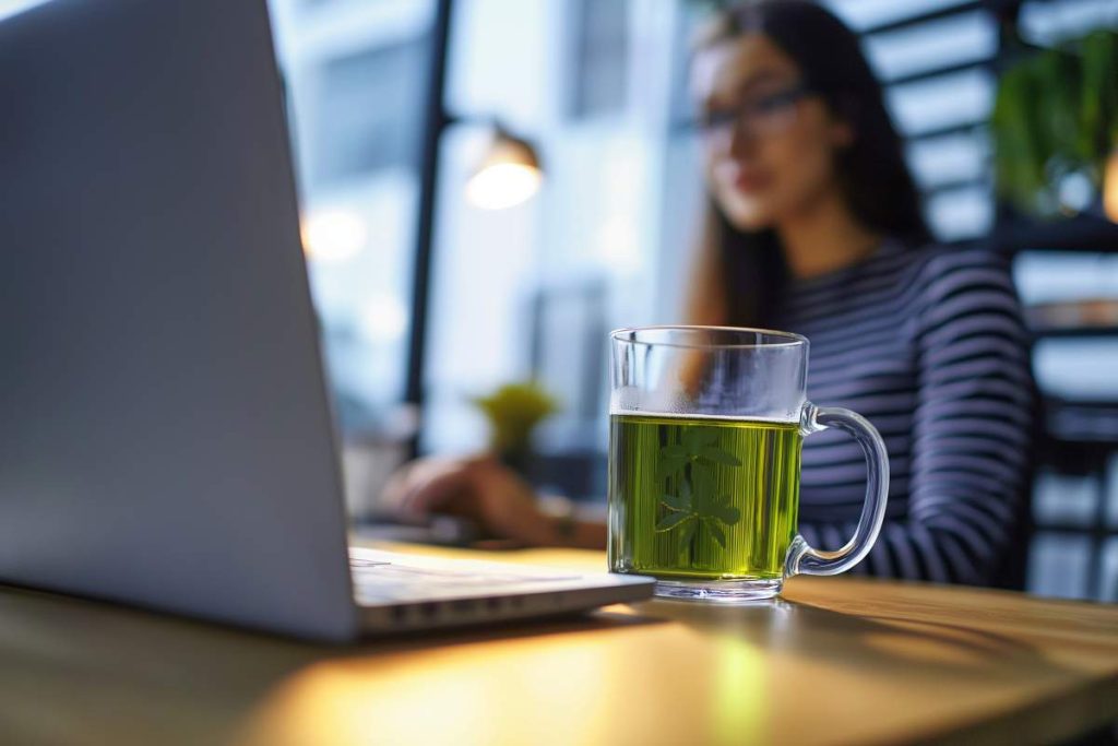 Une infusion de thé vert au CBD est posée sur une table