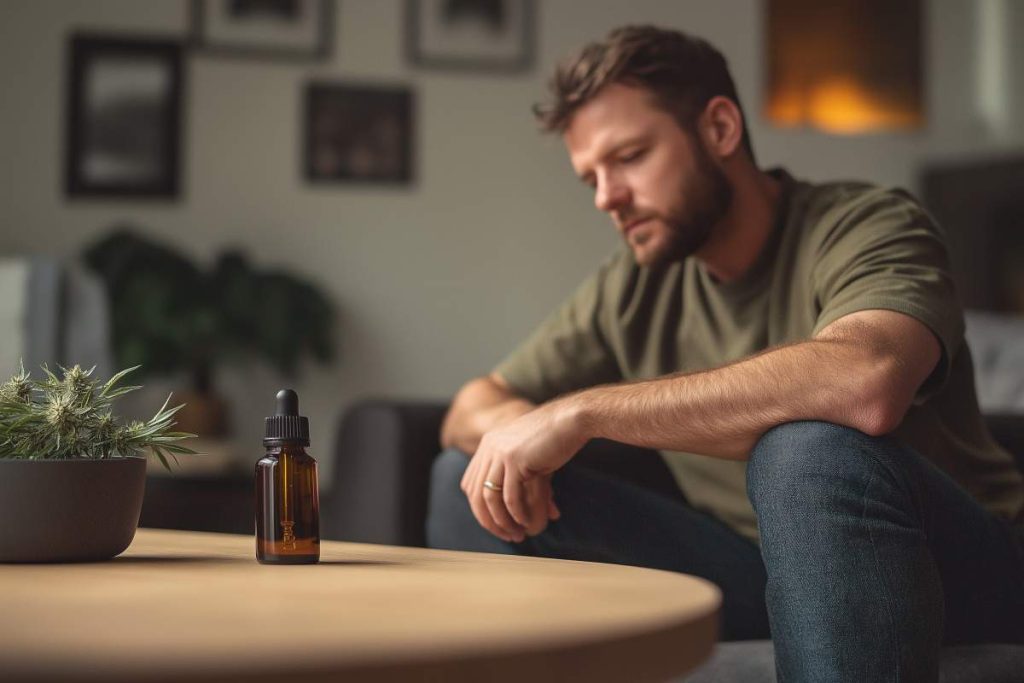 homme assis dans son canapé avec un flacon d'huile de cbd posé sur la table